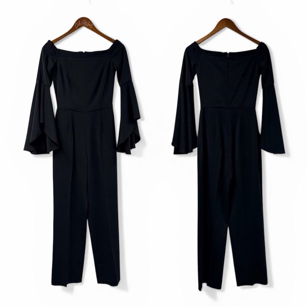 Issue New York Black Jumpsuit Bell Sleeve Leg Slits Pockets XS Boat Neck